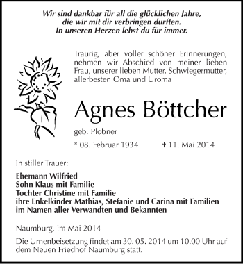 Traueranzeige von Agnes Böttcher von Mitteldeutsche Zeitung Naumburg/Nebra
