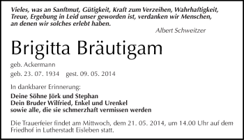 Traueranzeige von Brigitta Bräutigam von Mitteldeutsche Zeitung Mansfelder Land