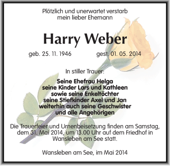 Traueranzeige von Harry Weber von Mitteldeutsche Zeitung Mansfelder Land