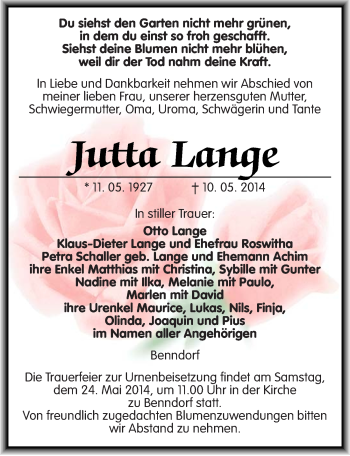 Traueranzeige von Jutta Lange von Mitteldeutsche Zeitung Naumburg/Nebra
