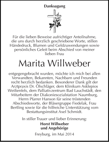 Traueranzeige von Marita Willweber von Mitteldeutsche Zeitung Naumburg/Nebra
