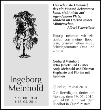 Traueranzeige von Ingeborg Meinhold von Mitteldeutsche Zeitung Merseburg/Querfurt