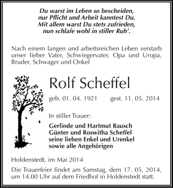 Traueranzeige von Rolf Scheffel von Mitteldeutsche Zeitung Sangerhausen