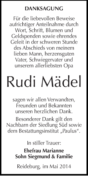 Traueranzeige von Rudi Mädel von Mitteldeutsche Zeitung Halle/Saalkreis