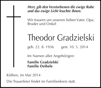 Traueranzeige von Theodor Gradzielski von Mitteldeutsche Zeitung Köthen