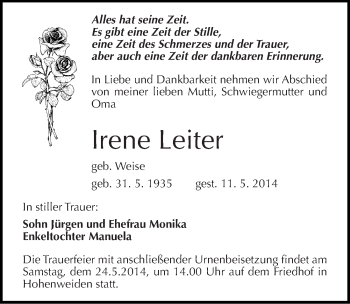 Traueranzeige von Irene Leiter von Mitteldeutsche Zeitung Halle/Saalkreis