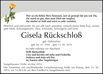 Traueranzeige von Gisela Rückschloß von Mitteldeutsche Zeitung Sangerhausen