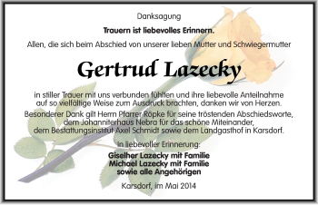 Traueranzeige von Gertrud Lazecky von Mitteldeutsche Zeitung Naumburg/Nebra