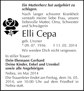 Traueranzeige von Elli Cepa von Mitteldeutsche Zeitung Naumburg/Nebra