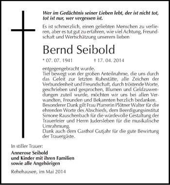 Traueranzeige von Bernd Seibold von Mitteldeutsche Zeitung Naumburg/Nebra