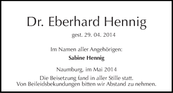 Traueranzeige von Eberhard Hennig von Mitteldeutsche Zeitung Naumburg/Nebra