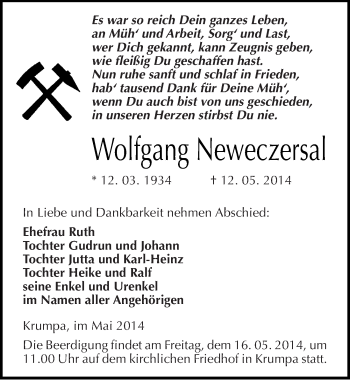 Traueranzeige von Wolfgang Neweczersal von Mitteldeutsche Zeitung Merseburg/Querfurt