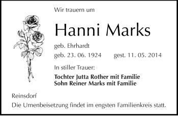 Traueranzeige von Hanni Marks von Mitteldeutsche Zeitung Naumburg/Nebra