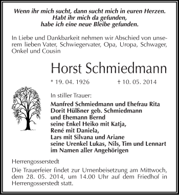 Traueranzeige von Horst Schmiedmann von Mitteldeutsche Zeitung Naumburg/Nebra