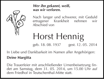 Traueranzeige von Horst Hennig von Mitteldeutsche Zeitung Halle/Saalkreis