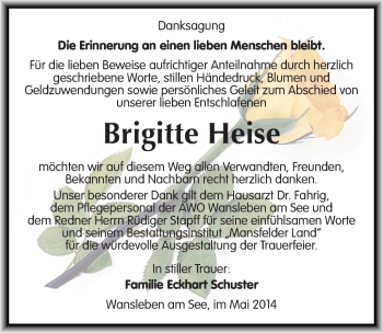 Traueranzeige von Brigitte Heise von Mitteldeutsche Zeitung Mansfelder Land