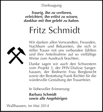 Traueranzeige von Fritz Schmidt von Mitteldeutsche Zeitung Sangerhausen