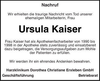 Traueranzeige von Ursula Kaiser von Mitteldeutsche Zeitung Quedlinburg