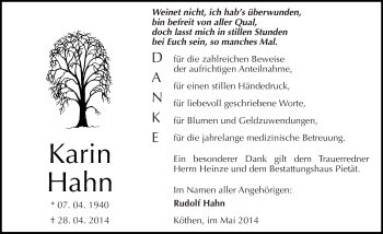 Traueranzeige von Karin Hahn von Mitteldeutsche Zeitung Köthen