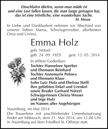 Traueranzeige von Emma Holz von Mitteldeutsche Zeitung Naumburg/Nebra