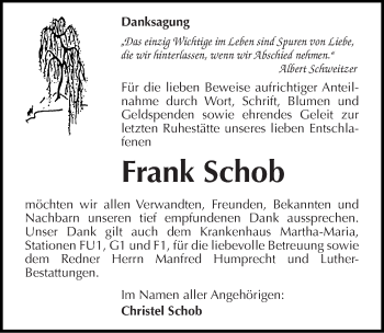 Traueranzeige von Frank Schob von Mitteldeutsche Zeitung Halle/Saalkreis