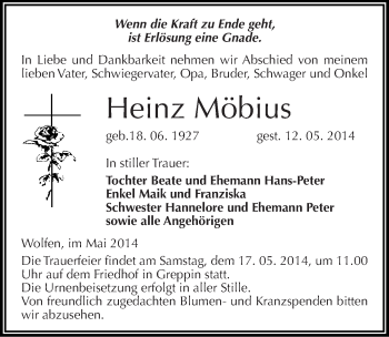Traueranzeige von Heinz Möbius von Mitteldeutsche Zeitung Bitterfeld