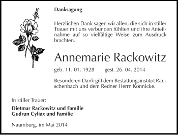 Traueranzeige von Annemarie Rackowitz von Mitteldeutsche Zeitung Naumburg/Nebra