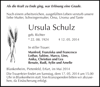 Traueranzeige von Ursula Schulz von Mitteldeutsche Zeitung Sangerhausen