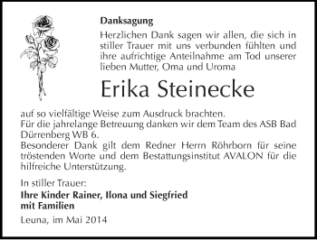 Traueranzeige von Erika Steinecke von Mitteldeutsche Zeitung Merseburg/Querfurt