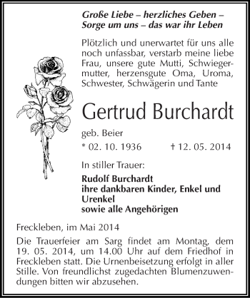 Traueranzeige von Gertrud Burchardt von Mitteldeutsche Zeitung Aschersleben