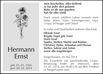Traueranzeige von Hermann Ernst von Mitteldeutsche Zeitung Sangerhausen