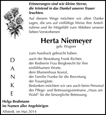 Traueranzeige von Herta Niemeyer von Mitteldeutsche Zeitung Sangerhausen