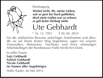 Traueranzeige von Ute Gebhardt von Mitteldeutsche Zeitung Halle/Saalkreis