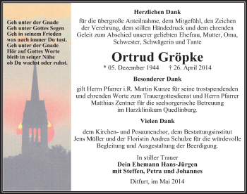 Traueranzeige von Ortrud Gröpke von Mitteldeutsche Zeitung Quedlinburg