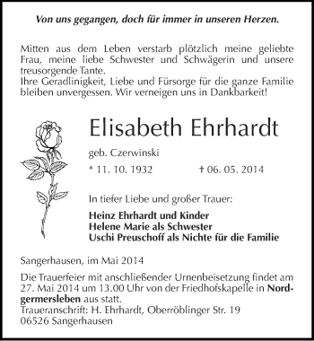 Traueranzeige von Elisabeth Ehrhardt von Mitteldeutsche Zeitung Sangerhausen