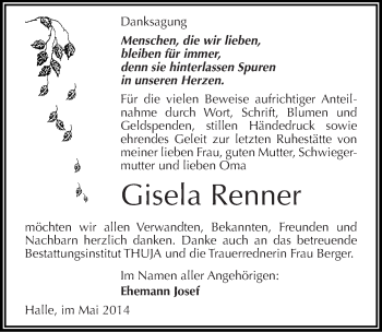 Traueranzeige von Gisela Renner von Mitteldeutsche Zeitung Halle/Saalkreis