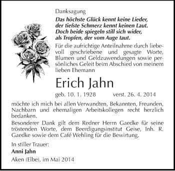 Traueranzeige von Erich Jahn von Mitteldeutsche Zeitung Köthen