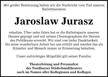Traueranzeige von Jaroslaw Jurasz von Mitteldeutsche Zeitung Quedlinburg