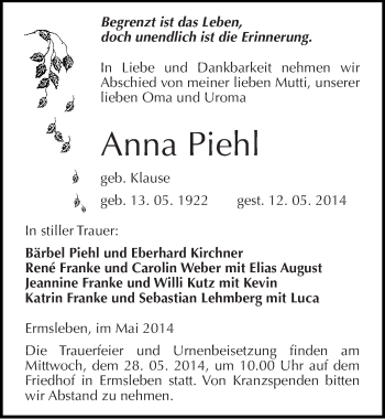 Traueranzeige von Anna Piehl von Mitteldeutsche Zeitung Quedlinburg