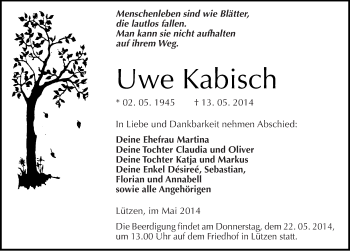 Traueranzeige von Uwe Kabisch von Mitteldeutsche Zeitung Weißenfels