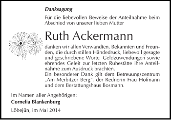 Traueranzeige von Ruth Ackermann von Mitteldeutsche Zeitung Halle/Saalkreis