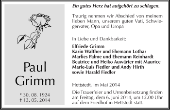 Traueranzeige von Paul Grimm von Mitteldeutsche Zeitung Mansfelder Land