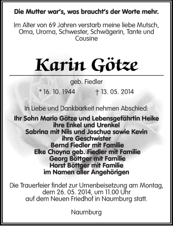 Traueranzeige von Karin Götze von Mitteldeutsche Zeitung Naumburg/Nebra