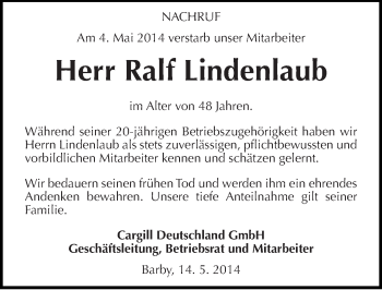 Traueranzeige von Ralf Lindenlaub von Mitteldeutsche Zeitung Bernburg