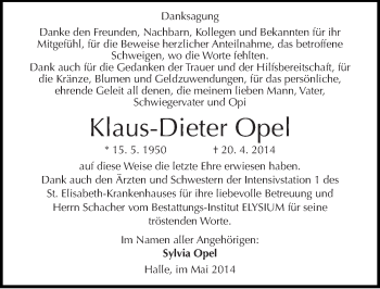 Traueranzeige von Klaus-Dieter Opel von Mitteldeutsche Zeitung Halle/Saalkreis