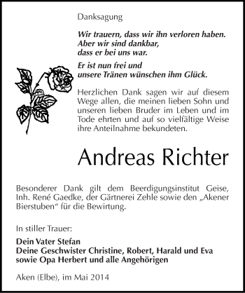 Traueranzeige von Andreas Richter von Mitteldeutsche Zeitung Köthen