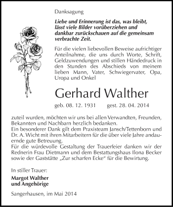 Traueranzeige von Gerhard Walther von Mitteldeutsche Zeitung Sangerhausen