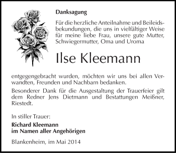Traueranzeige von Ilse Kleemann von Mitteldeutsche Zeitung Sangerhausen