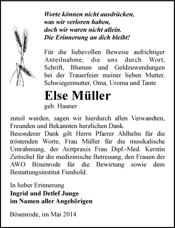 Traueranzeige von Else Müller von Mitteldeutsche Zeitung Sangerhausen
