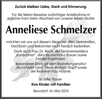 Traueranzeige von Anneliese Schmelzer von Mitteldeutsche Zeitung Mansfelder Land